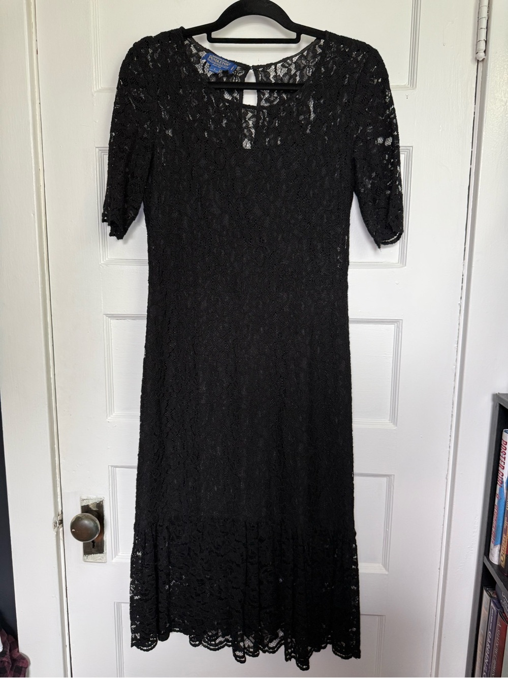 Pendleton Intricate Black Floral Lace Midi Dress Ruffled Hem Timeless Elegance 4